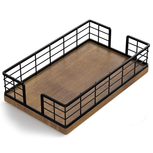 Wican Guest Towel Holder Tray for Bathroom, Oak and Iron Napkins Holder for Powder Room Dinning Table Wooden Basket for Disposable Paper Hand Towels Black and Brown