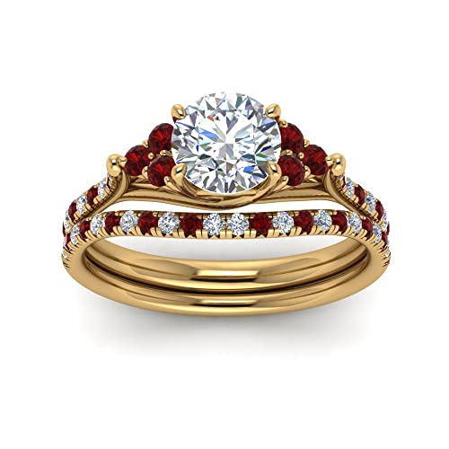 Image of Choose Your Gemstone Round Cut Petite Cathedral Wedding Ring Set Yellow Gold Plated Round Shape Wedding Ring Sets Matching Jewelry Wedding Jewelry Easy to Wear Gifts US Size 4 to 12