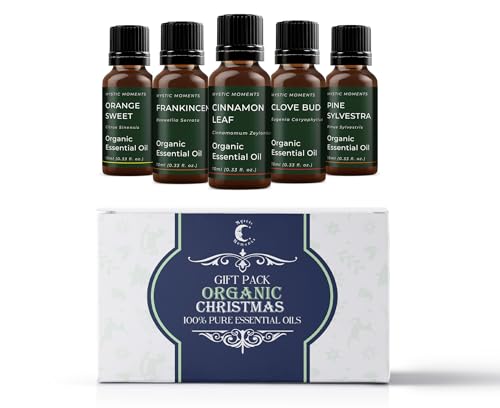 Mystic Moments | Organic Christmas Essential Oils Gift Starter Pack | 5 x 10ml | Cinnamon Leaf, Clove Bud, Frankincense, Orange Sweet, Pine Sylvestra | Aromatherapy & Diffuser Set