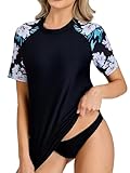 UV Shirt Damen Kurzarm UPF 50+ Schwimmshirt Rash Guard Badeshirt Schnelltrocknend für Wasser Surfen Schwarze Blume-S