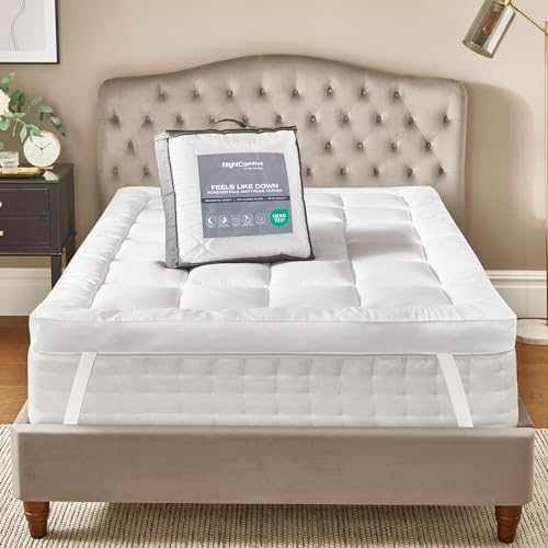 NightComfort Anti-Allergy Double Mattress Topper 4 Inches Thick Extra Deep Fit Mattress Enhancer with Elasticated Straps - Box Stitched Bed Topper for Comfortable Sleep (137cmx190cm)