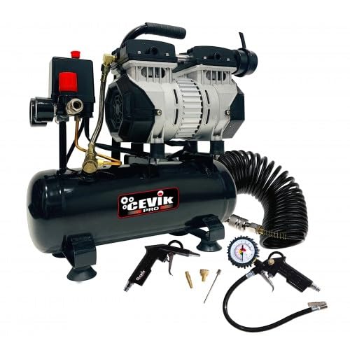 CEVIK PRO CA-CS6PLUS - Silent Air Compressor - 59 dB - 6L - 3/4HP - Max 8 Bar - 106 l/min - Oil Free - Two Cylinders - Accessory Kit - Compact and Portable - Paint and Pneumatic Compressor