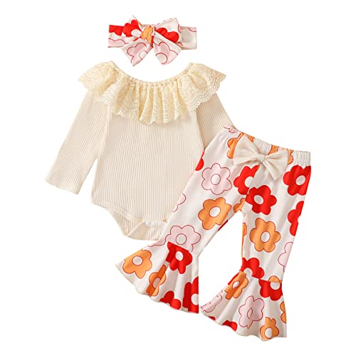 Image of Hnyenmcko Newborn Baby Girl Clothes Ribbed Long Sleeve Ruffle Romper Bell-Bottom Pants Headband Set 3Pcs Fall Winter Outfits