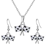 ULODJFN 2Pcs Checkered Flag Racing Jewelry Set for Women, Charm Black and White Race Car Dangle Drop Flag Earrings Necklace, Racing Day Driver Accessories Jewelry Gifts for Racing Fans Costume