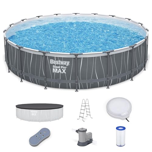 Bestway Steel Pro MAX 18 Foot x 48 Inches Metal Frame Above Ground Round Swimming Pool Set with LED Light, Remote Control, Ladder, and Pool Cover