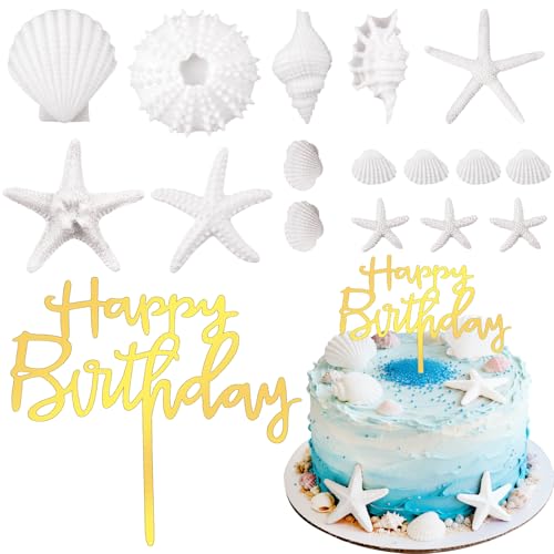 ZWLIYCHN Seashell Cake Toppers 17PCS Starfish Conch Cake Topper Beach Seashell Cake Decorations Under the Sea Ocean Cake Cake Decorations for Birthday Baby Shower Wedding Ocean Nautical Theme Party