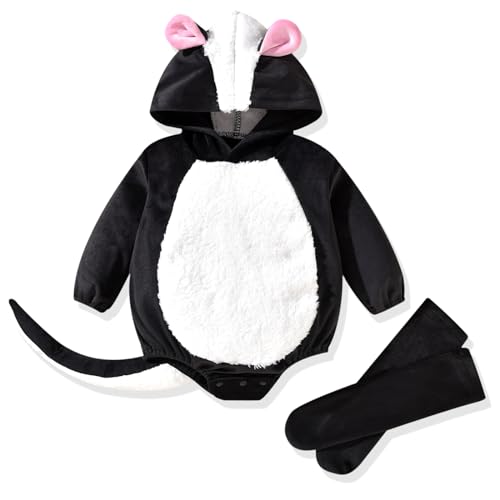 HINTINA 12-18 Months Infant Baby Skunk Long Sleeve Romper Girl Hooded Bodysuit Halloween Christmas Outfits Fall Winter Clothes Clothing Set