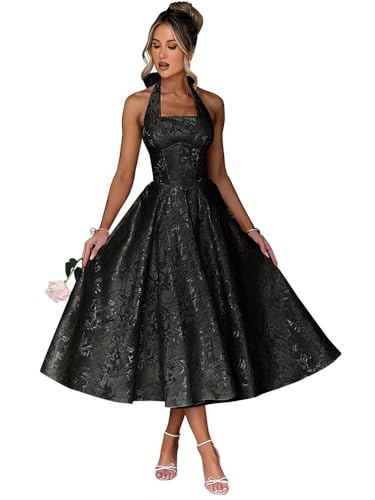 Changuan Halter Satin Prom Dresse for Women 2025 Jacquard Midi Aline Formal Evening Party Ball Gowns with Pockets