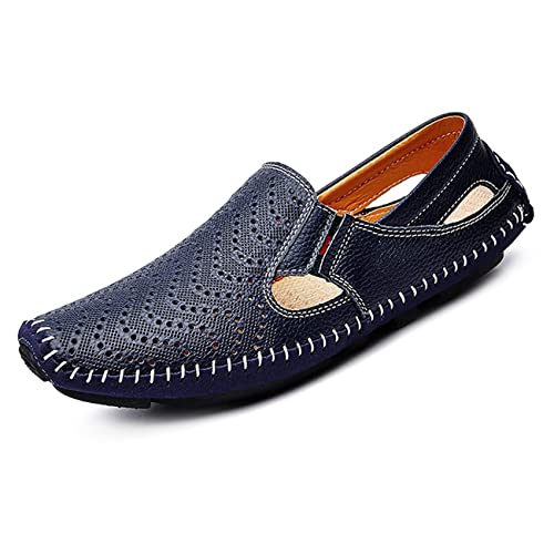 Asifn Herren Ledersandalen Bequeme Bootsschuhe Sommer Outdoor Anti-Rutsch Atmungsaktive Weiche Slipper Flache Müßiggänger(Blau,46/47 EU,47 Markengröße Cover