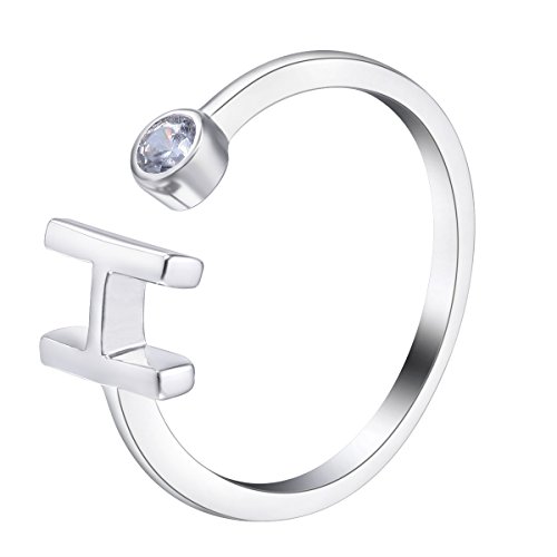 Bague initiale ajustable en argent 925 avec lettre et oxyde de zirconium