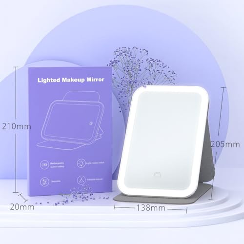 Image of Coslifestore LED Lighted Makeup Mirror with 3 Color Modes, Foldable & Rechargeable Battery Portable Vanity Rectangular Mirror with Stand for Travel & Home