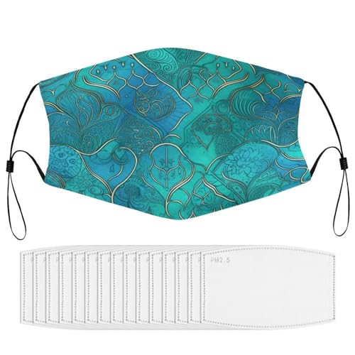 BVKWNTSA Reusable Respirator Face Mask with Filter - Turquoise Pattern Printed Breathable Cotton Dust/Paint Safety Cover, Adjustable Ear Straps & Nose Wire