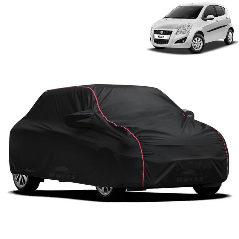 Image of Waterproof Car Cover for Maruti Suzuki Ritz | All-Weather Protection, Dustproof & UV Resistant | Triple Stitched Mirror Pockets, Windproof Buckle Strap with Elastic Hem, Black-Red Piping