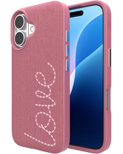 ZAGG London Snap Case for iPhone 16 - "Love Embroidered Fabric, MagSafe Compatible, 13ft Drop Protection, Slim, Stylish, Durable, Recycled Materials, Pink