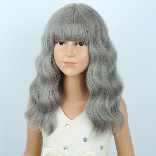 Image of Girls Gray Wig with Air Bangs Kids Short Gray Wavy Curly Wigs Children Synthetic Cosplay Hair for Halloween