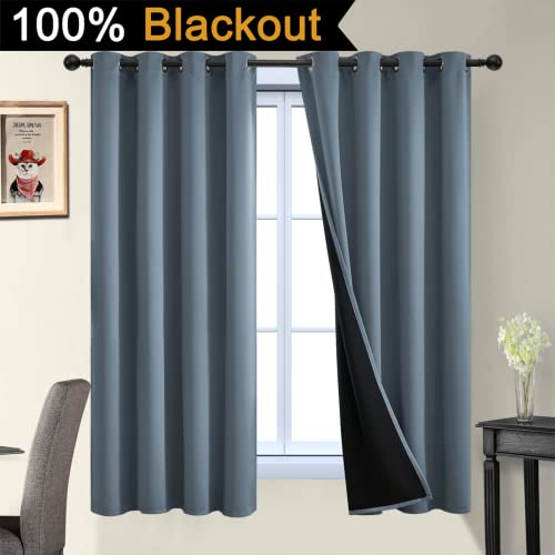 Image of Yakamok 100% Blackout Lined Panels, Room Darkening Thermal Insulated Blackout Curtains for Bedroom, Heat Blocking Drapes for Living Room(52Wx63L, Stone Blue, 2 Panels)