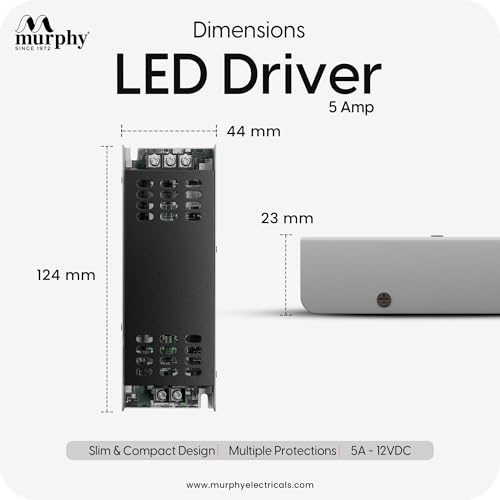 Image of Murphy 5A 12V DC LED Driver (SMPS) | Constant Voltage Power Supply for Indoor LED Strip Lights | Aluminium Body | BIS Approved | Pack of 1 (1-Year Warranty)