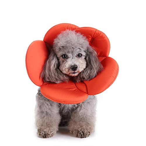 Image of Dog Cone E-Collar Flower Soft Elizabethan Waterproof Grooming Recovery Protective Adjustable Collar for Puppy Small Medium Dogs (S Neck:9-11in, Orange)