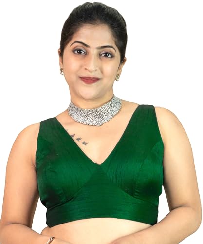 Image of FIGURE'S DESIGNER Women's Dupion Raw Silk Sleeveless V Neck Sabyasachi Cut Readymade Saree Blouse Padded Stitched S4