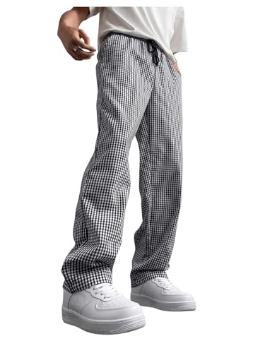 GORGLITTER Men's Gingham Plaid Track Pants Baggy Wide Leg Drawstring Slacks Trousers with Pockets