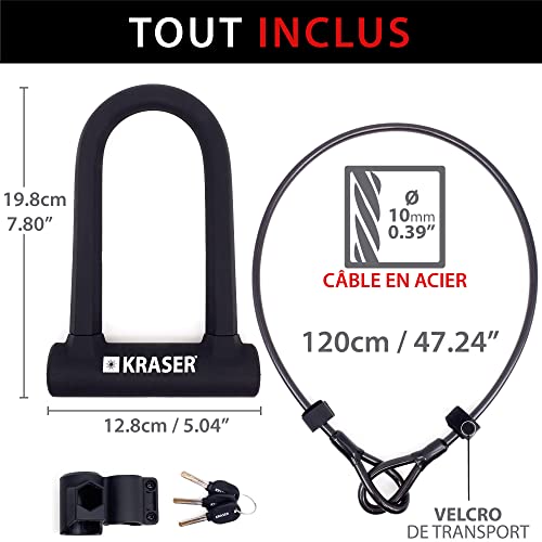 KRASER KR65145B Antivol Vélo, Robust U + Cable 120cm Plus Sûr et Pratique, Anse ø16 Acier Double Verrouillage, Support Transport Facile, Protection Silicone Anti-rayures, Universel pour Scooter Vélo – vue 8