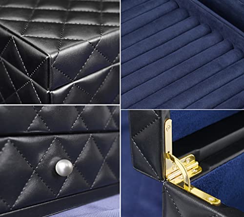Joyero de piel sintética, elegante organizador con bandejas de cajón y espejo para collares, aretes, anillos y más