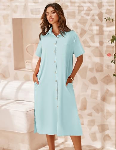 Image of Zeagoo Women Dresses Summer Casual Short Sleeve Button Down Shirt Dresses 2026 Beach Cover Up with Pockets