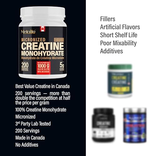MetaLife 100% Pure Creatine Monohydrate Powder, Canada-Made, 1000 g (200 Servings) Micronized Powder, For Muscle Growth, Strength & Performance, No Additives, Unflavored, Ideal for Athletes & Fitness Enthusiasts, Third party lab tested, Vegan, Non-GMO, Gluten Free, Soy Free, Clean & Pure, Improved Performance and Recovery for Men and Women - 3