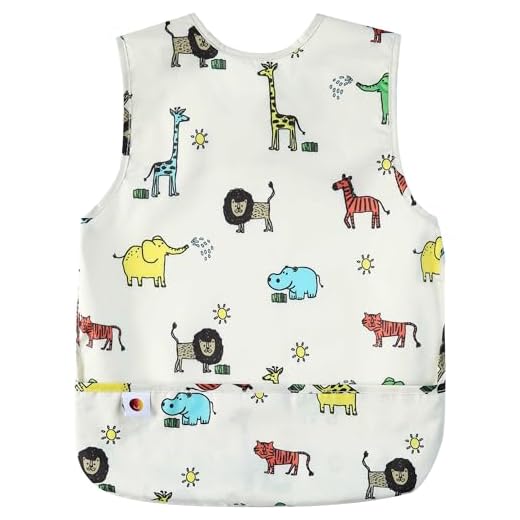 Baby Bib for Boys and Girls w/ Food Catcher Pocket - Water Repellent, Wipe Clean, Machine Wash, Fast Drying Feeding Smock - Recycled Polyester - Animal Print Suitable for Babies to Toddlers