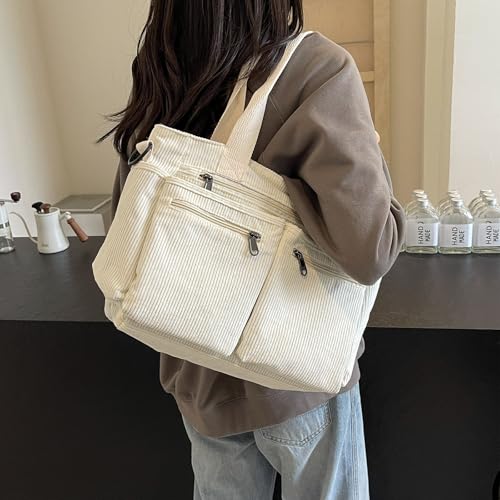 Image of YDF Corduroy Tote Bag for Women Crossbody Purse with Zipper, Aesthetic Multi Pocket Work School Bag, Gifts for Mom Teacher