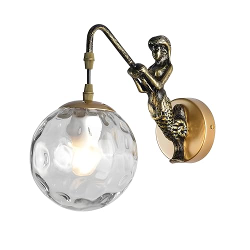 Image of Bofea-Vintage Mermaid Wall Lamp,1-Lights Gold Wall Sconce with Hand-Hammered Clear Glass Shade,Gold Bathroom Vanity Lights,Art Decor Resin Wall Light for Bathroom Living Room Hallway.