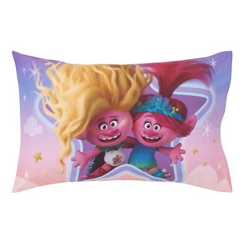 Image of NoJo DreamWorks Trolls Glam Together Purple, Pink, and Blue, Poppy and Viva 4 Piece Toddler Bed Set - Comforter, Fitted Bottom Sheet, Flat Top Sheet, and Reversible Pillowcase