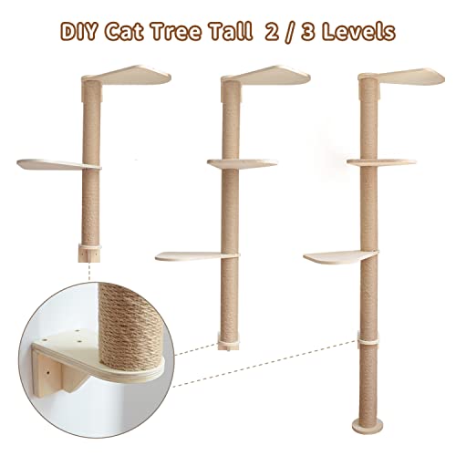 Wood Cat Tower Floor To Ceiling Adjustable, Cat Tree Tall Cat Scratching Post, Cat Wood Tree With 3-Tier Floor For Climb, Cat Climbing Tower Vertical With Natural Sisal Rope #TOP5