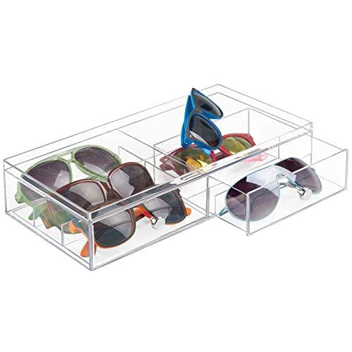 Mdesign Wide Stackable Plastic Eye Glass Organizer Box Holder For Sunglasses, Reading Glasses, Lens Cleaning Cloths, Accessories - 2 Divided Drawers With 6 Sections, Chrome Pulls, Clear #TOP7