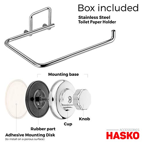 HASKO accessories - Powerful Vacuum Suction Cup Toilet Paper Holder – Wall Mount Stainless Steel Tissue Roll Dispenser for Bathroom & Kitchen – Can be Mounted on Clean Flat Smooth Surface (Chrome)