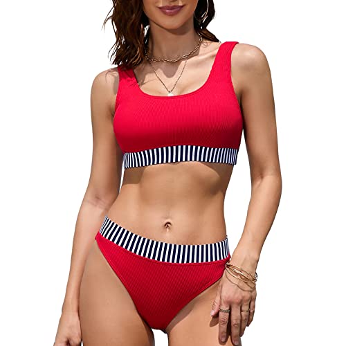 iSLASISIA Trajes de baño Deportivos para Mujer Bikini Acanalado con Top Corto de Dos Piezas con Parte Inferior atrevida(Rojo y Rayas,EU38)