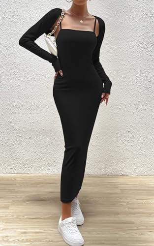 Women's Spring Fall 2 Piece Outfits Slip Bodycon Maxi Dress and Long Sleeve Cropped Cardigan Knit Matching Sets4