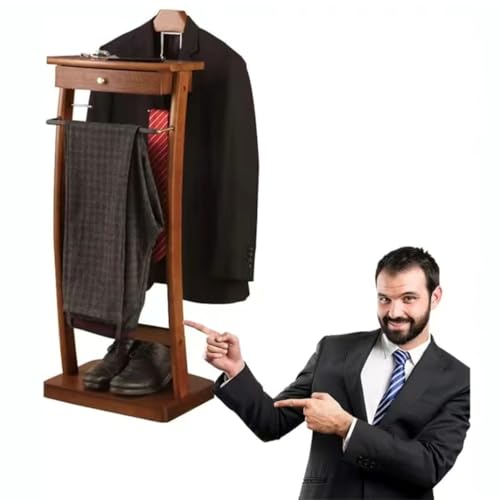 Caballero de madera maciza para hombre con cajón y colgador de pantalones para nización de ropa en sala de estar, oficina o dormitorio, diseño elegante y funcional