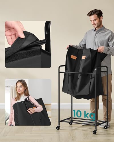 SONGMICS Rolling Laundry Basket, 2-komorowy pojemnik na pranie, 140 l sorter prania, mobilny wózek na pranie, 5 etykiet, do pralni, sypialni, łazienki, atrament czarny RLS210B01