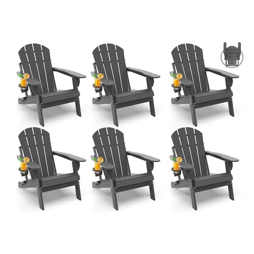 GREENVINES Folding-Adirondack-Chairs-Set-of-6 | HDPE Plastic | Fire Pit Chair | All Weather | Cup Holder | Grey | for Deck Backyard Patio Outdoor Garden 6 Folding Chairs Grey