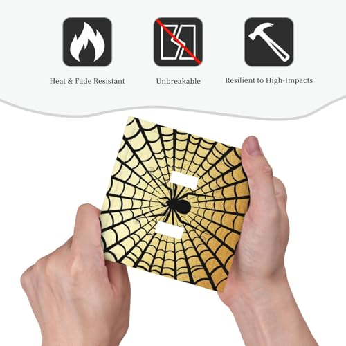 Decorative Switch Plate Covers Black Spider Spiderweb on Golden Background 2 Gang Light Switch Cover Plate Unique Double Toggle Wall Plate Light Switch Covers for Bedroom Decor