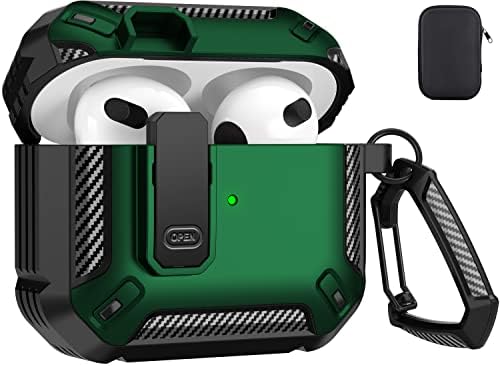 Maxjoy for Airpods 3 Case Cover 2021, Airpods 3 Protective Case with Lock Gen 3 Military Hard Shell Rugged Shockproof Cover with Keychain Compatible with Apple Airpods 3rd Generation 2021, Green