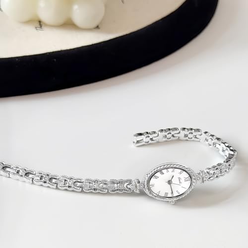 CARLIEN Fashion Vintage Gold Oval Quartz Watches for Women - Alloy Steel Band Slim Bracelet- - Roman Numerals Numbers - Dainty Elegant Dress Wristwatch Waterproof (Silver White) by CARLIEN - Used condition - Image 3