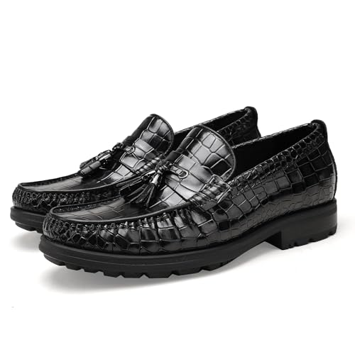 Men's Platform Tassel Loafer, Crocodile Printed Leather Dress Shoes for Mens Business Formal Wedding Porm Party Shoes Casual Slip-On Penny Loafers