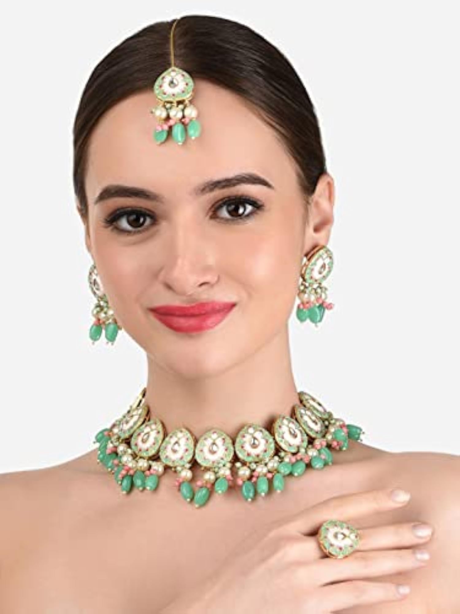 Meenakari Kundan Choker Necklace Earring Ring Set ZPFK12211