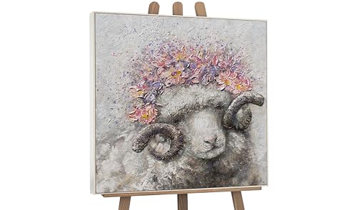 YS Tableau peinte à la main Prospérité Art abstrait modern moutons en fleurs dans des couleurs claires Surface texturée Décoration intérieure avec cadre...