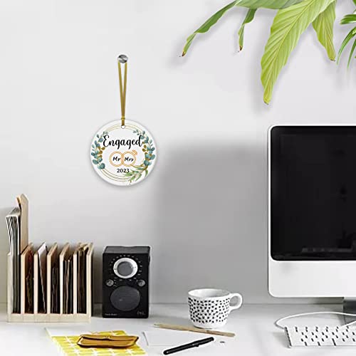 Rewidparty Engaged Ornaments 2023 Wedding Decoration Gifts For Her Bridal Shower Gifts For Newlywed Couples Our First Christmas Engaged Keepsake 3" Circle Ceramic Ornament With Gold Ribbon & Gift Box #TOP5