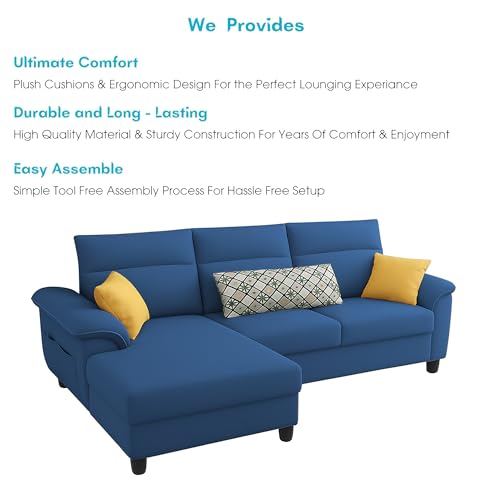 Image of Casaliving Seams LHS 4 Seater L Shape Sofa for Living Room (Blue Fabric) Premium Fabric Sofa