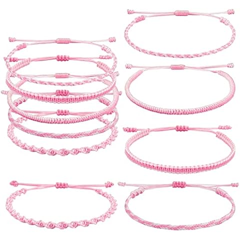 Ornaland 5 Pcs 5 Styles Nylon Thread Woven Braided Bracelets Set Handmade Braided Rope Bracelets Surfer Stretch Friendship Bracelets Adjustable Wrist Cord for Women Men, Pink Cover