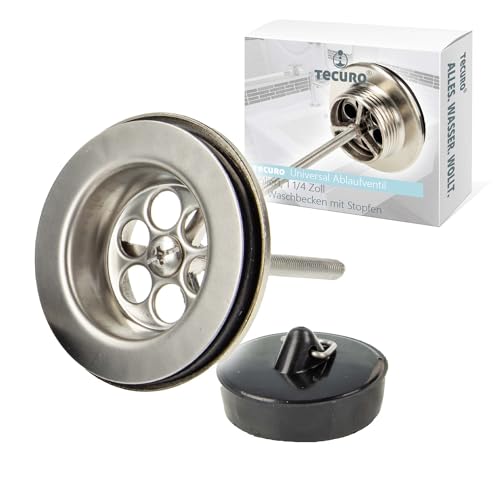 tecuro Ablaufventil poliert 1 1/4 Zoll Anschluss für Waschbecken, Ø 60 mm mit Edelstahl-Siebplatte und verchromtem Messingunterteil
